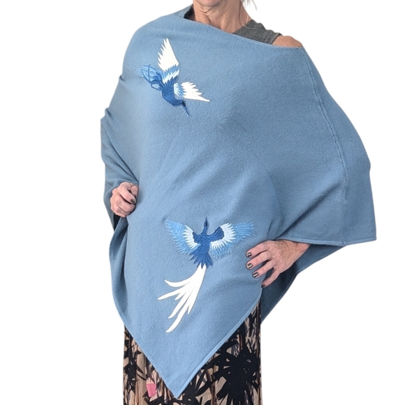 La Fiorentina Sweaters - La Fiorentina NYC Embroidered Phoenix Blue Mock Neck Poncho Shrug Size OS